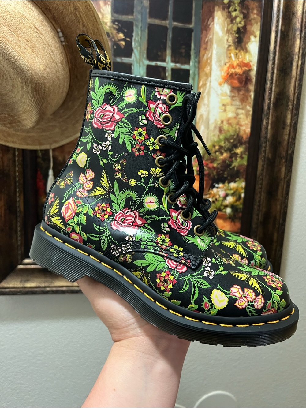 Dr. Martens 1460 Floral Bloom Print Black Leather Lace Up Boots